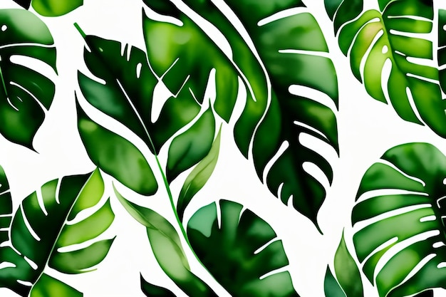 A seamless pattern with tropical leaves on a white background.