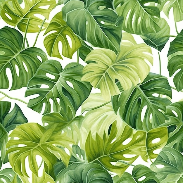 A seamless pattern with tropical leaves on a white background.