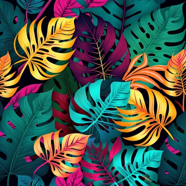 A seamless pattern with tropical leaves and the words tropical on a black background