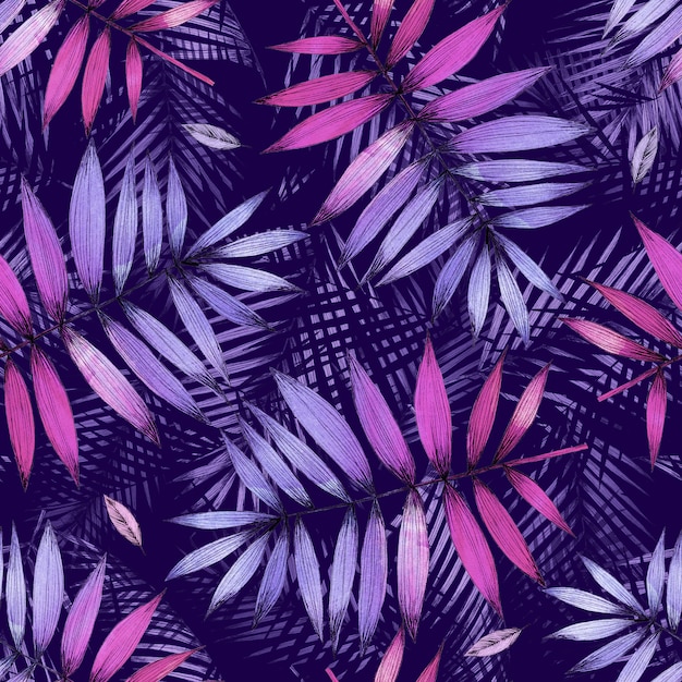 Seamless pattern with tropical palm leave on purple background