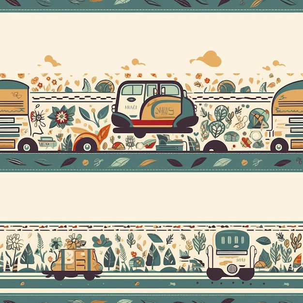 A seamless pattern with trucks and a car with a sign that says " the word " on it. "