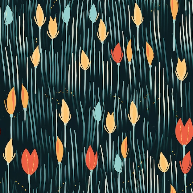 A seamless pattern with tulips on a dark background.