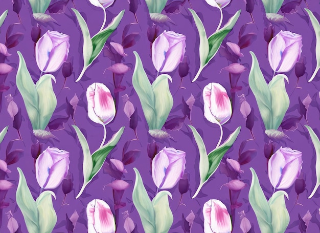 Seamless pattern with tulips and leaves