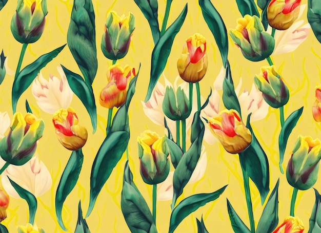 Seamless pattern with tulips and leaves