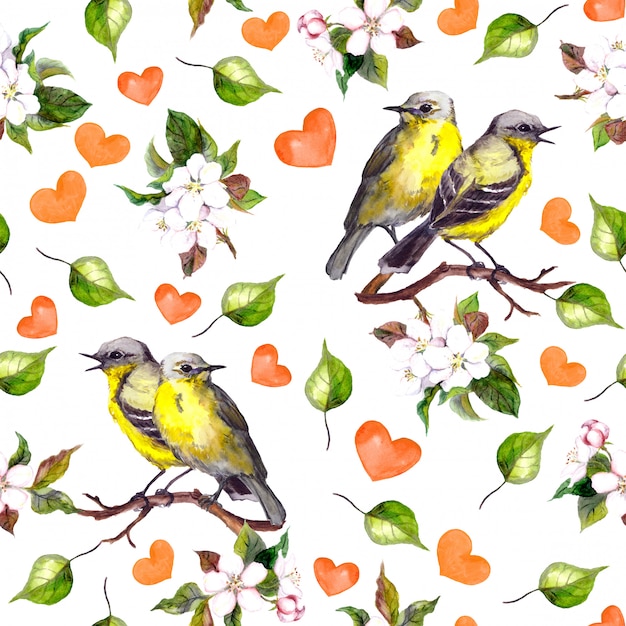 Seamless pattern with two birds on floral branch, hearts