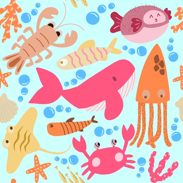 Seamless pattern with underwater animals: octopus, whale,  crab, lobster, seahorse, squid, . Repeated texture with cartoon characters.