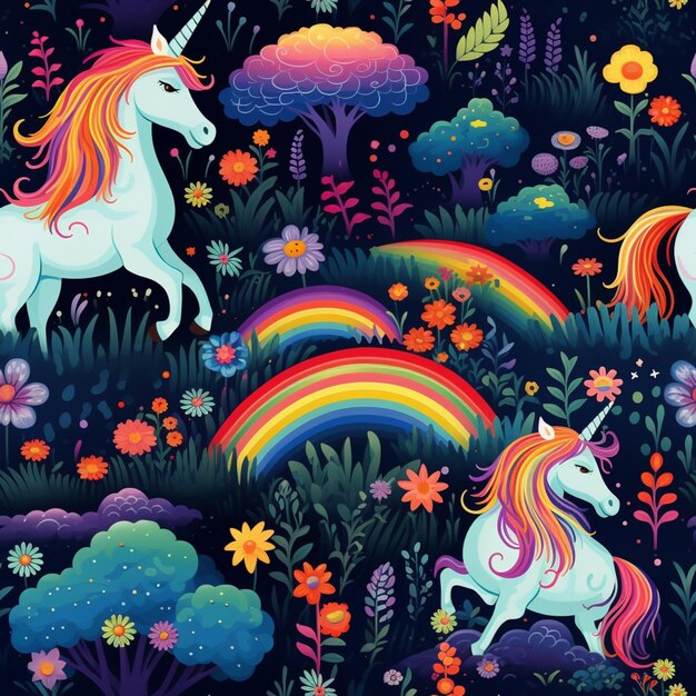 Seamless pattern with unicorns and rainbows in the forest generative ai