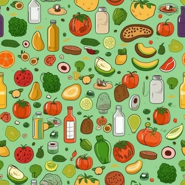 Photo seamless pattern with vegetables and fruits on a green background.