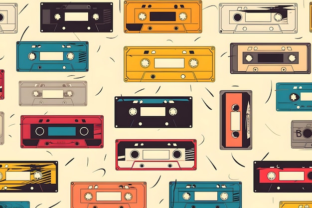 Seamless pattern with vintage cassette