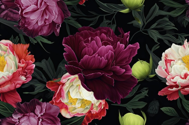 Seamless pattern with vintage peonies on a black background Generative AI Can be used for textiles yoga mats phone cases