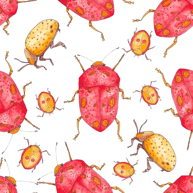 Seamless pattern with watercolor beetles. Hand drawn watercolor set of  beetles.