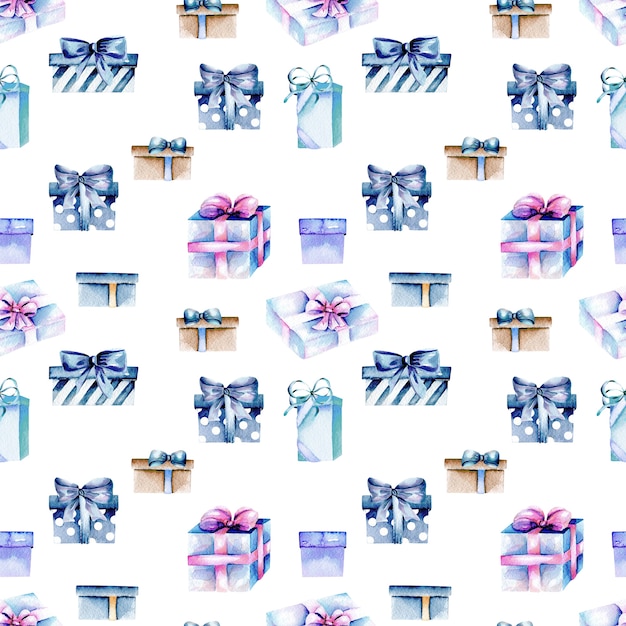 Photo seamless pattern with watercolor blue gift boxes, hand painted on a white background