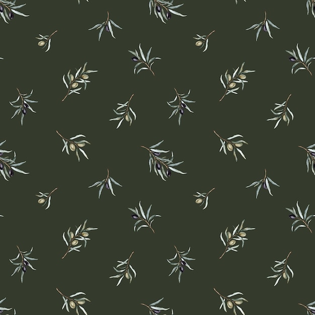 A seamless pattern with a watercolor of blue leaves on a dark background.