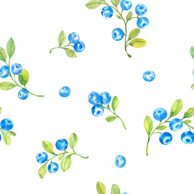 Photo seamless pattern with watercolor blueberries and leaves hand drawn watercolor illustration