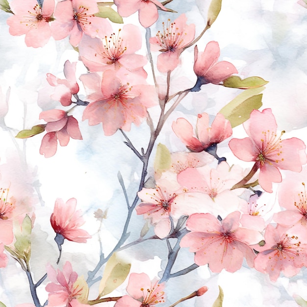 A seamless pattern with watercolor cherry blossom