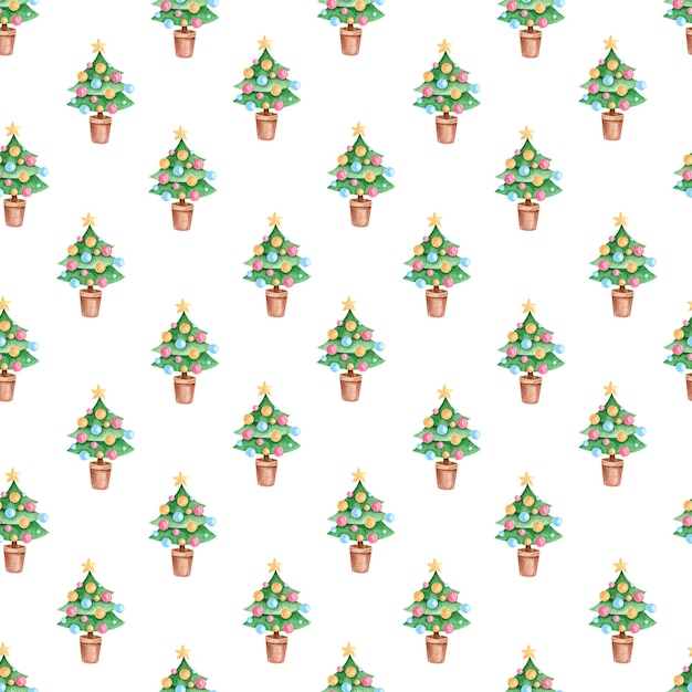 紙、カード、布、テキスタイルを包むための水彩画のクリスマスツリーとのシームレスなパターン。