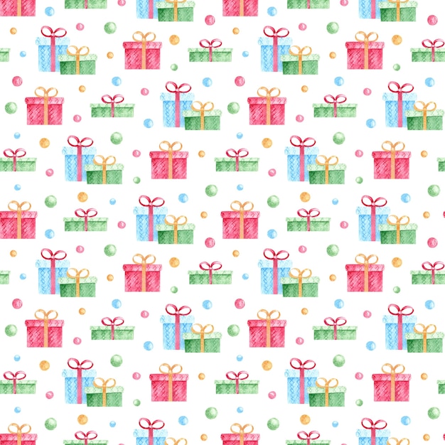 Seamless pattern with watercolor colorful gifts and confetti on white background.