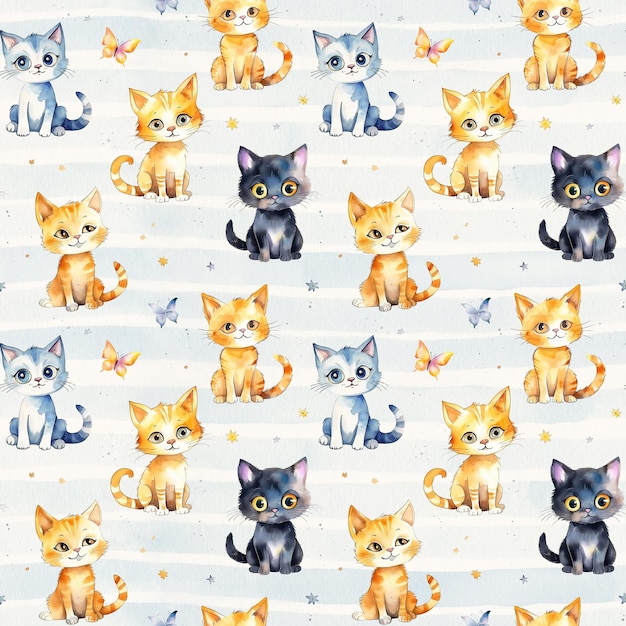 Seamless pattern with watercolor cute cartoon cats on light striped background