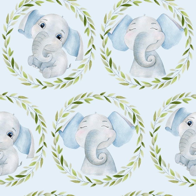 Seamless pattern with watercolor elephants for boys