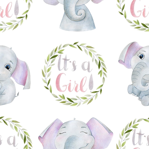 Seamless pattern with watercolor elephants for girl