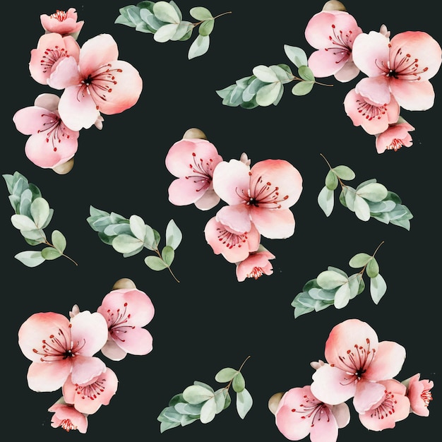 A seamless pattern with watercolor flowers on a dark background.