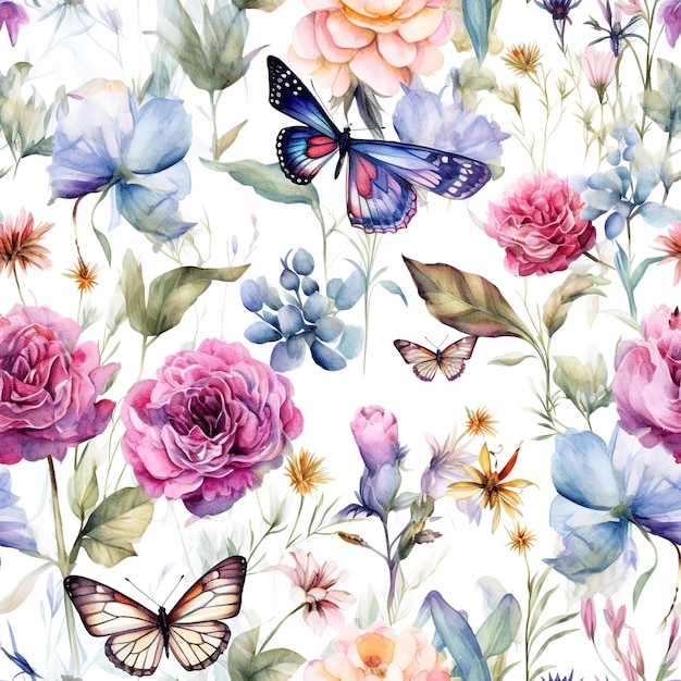 Seamless pattern with watercolor flowers Handdrawn illustration