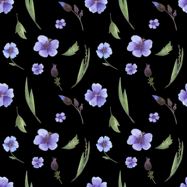 水彩花とハーブと黒の背景とのシームレスなパターン