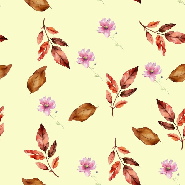 Seamless pattern with the watercolor flowers and leaves on a yellow background