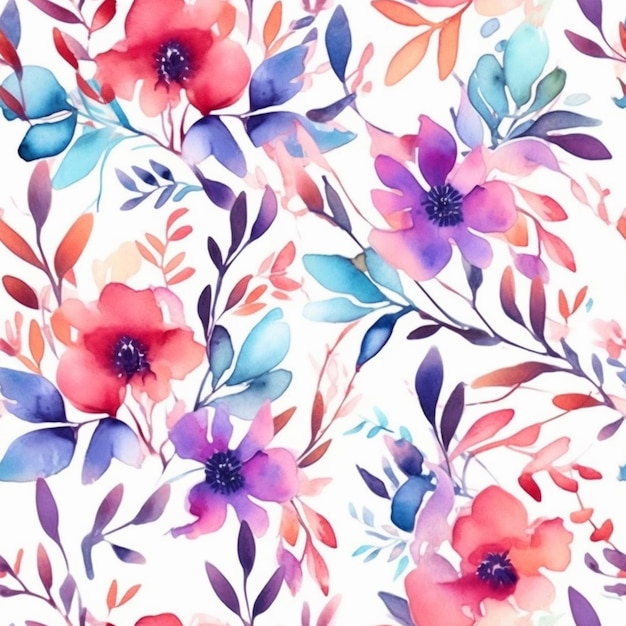 A seamless pattern with watercolor flowers and leaves