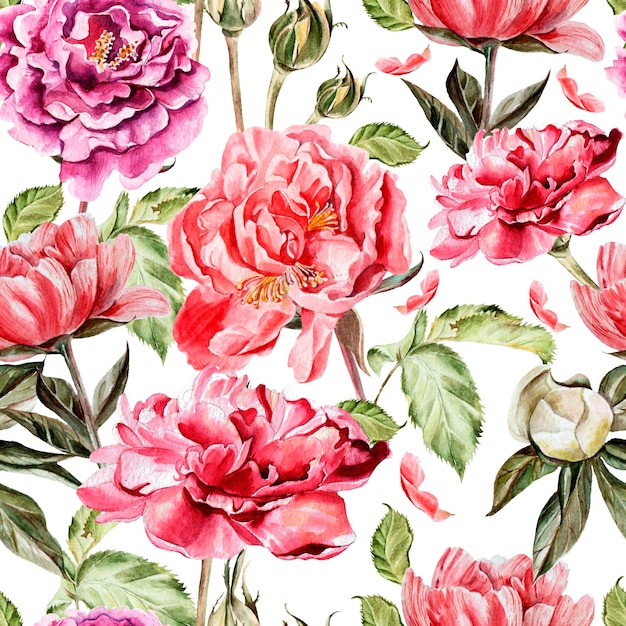 Seamless pattern with watercolor flowers.  Peonies. Illustration