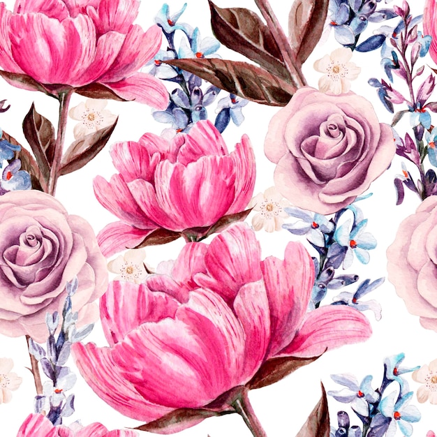 수채화 꽃과 원활한 패턴 모란 장미 라벤더