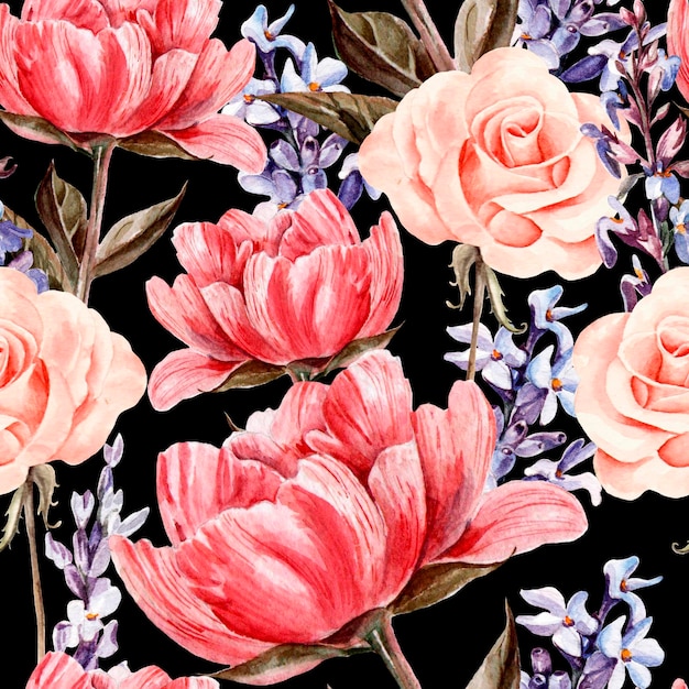 Seamless pattern with watercolor flowers Peonies rose lavender