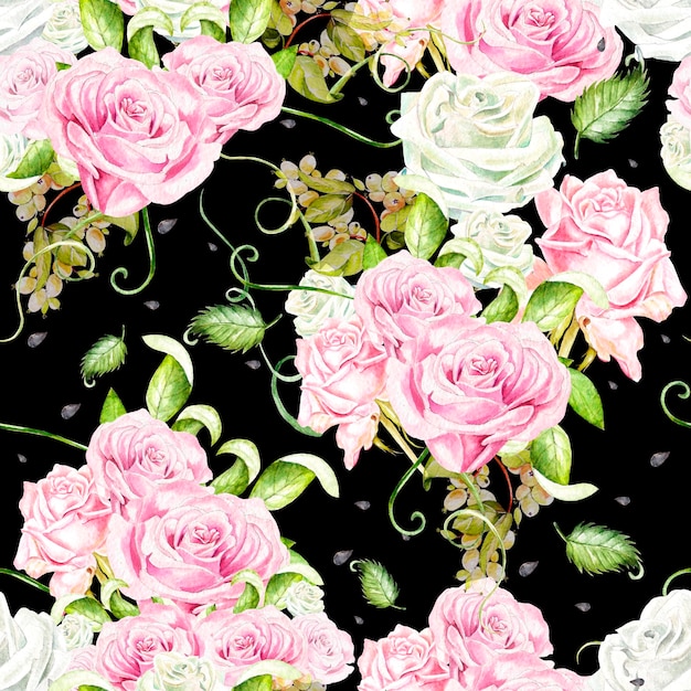 Seamless pattern with watercolor flowers Rose Hand drawn