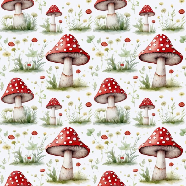 Бесшовный рисунок с акварелью мух агарных грибов Amanita muscaria