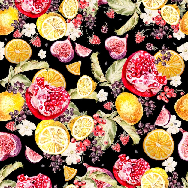 Seamless pattern with watercolor fruits and leaves