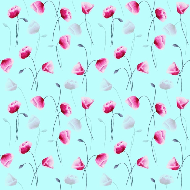 Seamless pattern with watercolor hand drawn poppy flowers isolated on light green surface