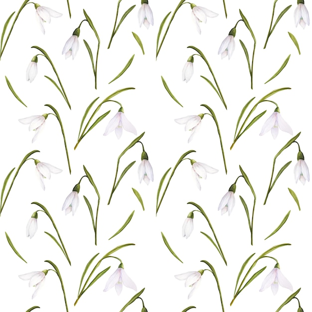 Photo seamless pattern with watercolor illustration of snowdrops on white background