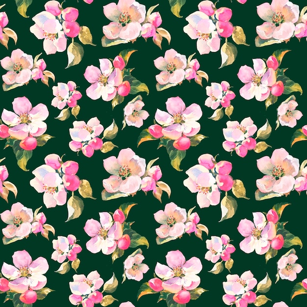 Seamless pattern with watercolor illustrations of apple flowers on dark green background its perfect