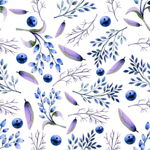 Seamless pattern with Watercolor leaves, berries