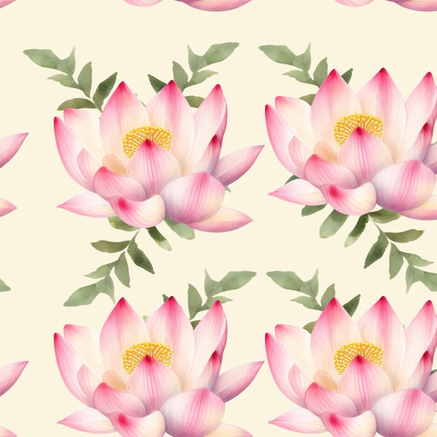 Seamless pattern with watercolor lotus flowers on a light yellow background.