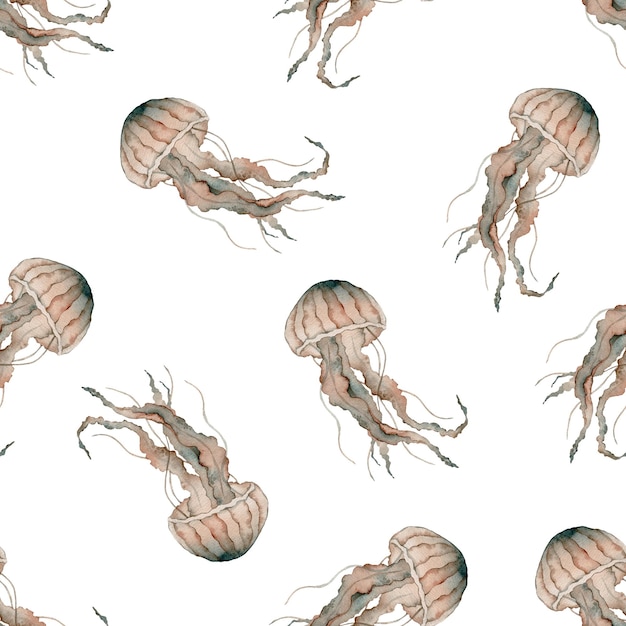 Бесшовный узор с акварельной медузой Ручная роспись ракушек Морской дизайн