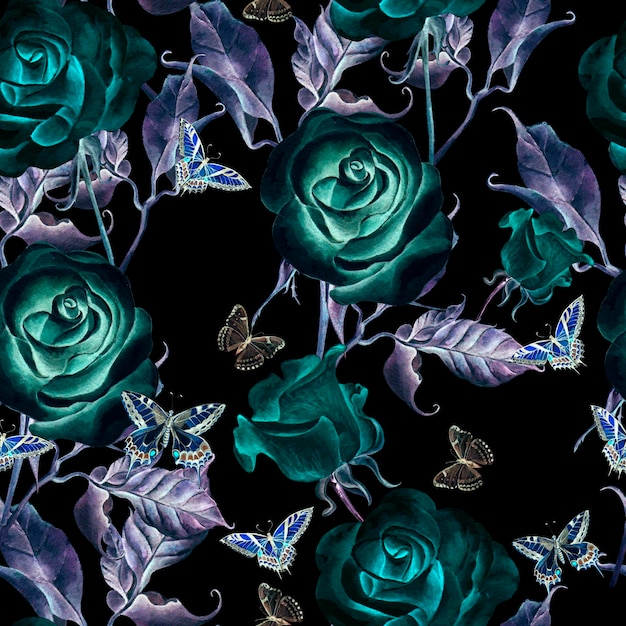 Seamless pattern with watercolor realistic rose and butterflies