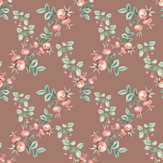 Seamless pattern with watercolor rose hip and berries