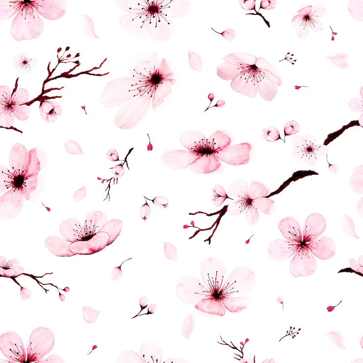 Photo seamless pattern with watercolor sakura branches hand painted.