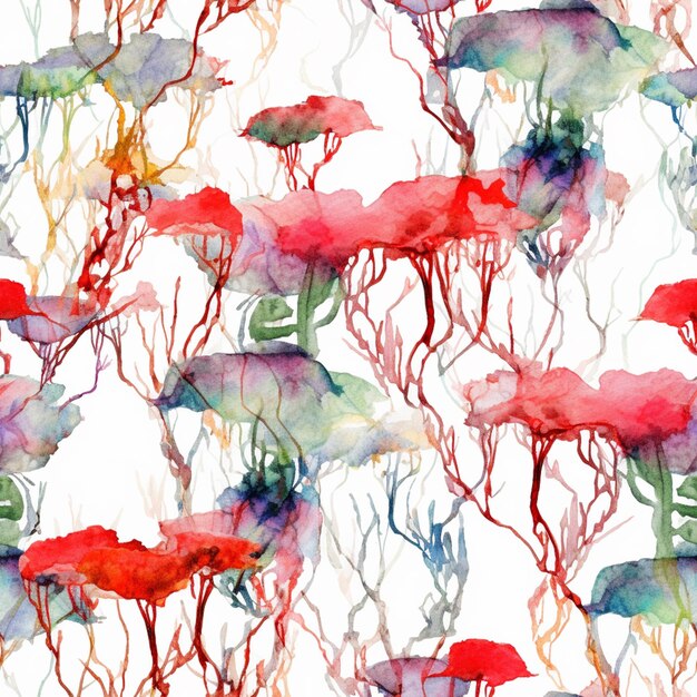 A seamless pattern with watercolor seaweeds and corals.