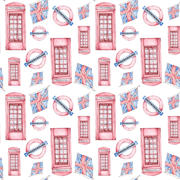 Seamless pattern with watercolor telephone boost England flag and underground sign