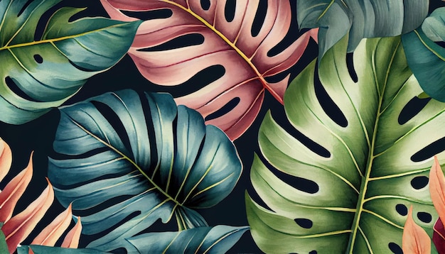 Seamless Pattern with Watercolor Tropical Leaves with Generative AI Technology