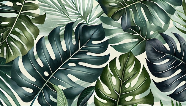 Seamless Pattern with Watercolor Tropical Leaves with Generative AI Technology