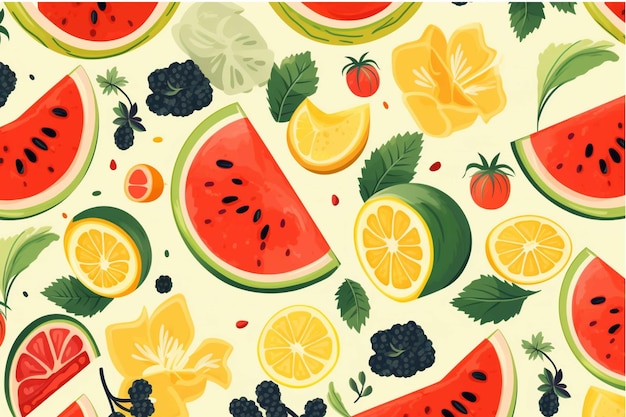 Seamless pattern with watermelons berries and flowers