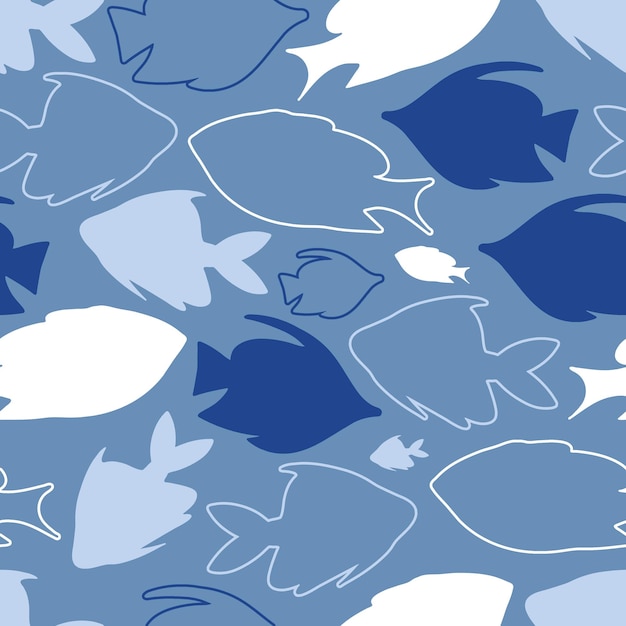 Seamless pattern with white and blue fish silhouettes